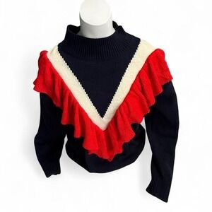 Navy and red ruffle turtleneck sweater #winterknits